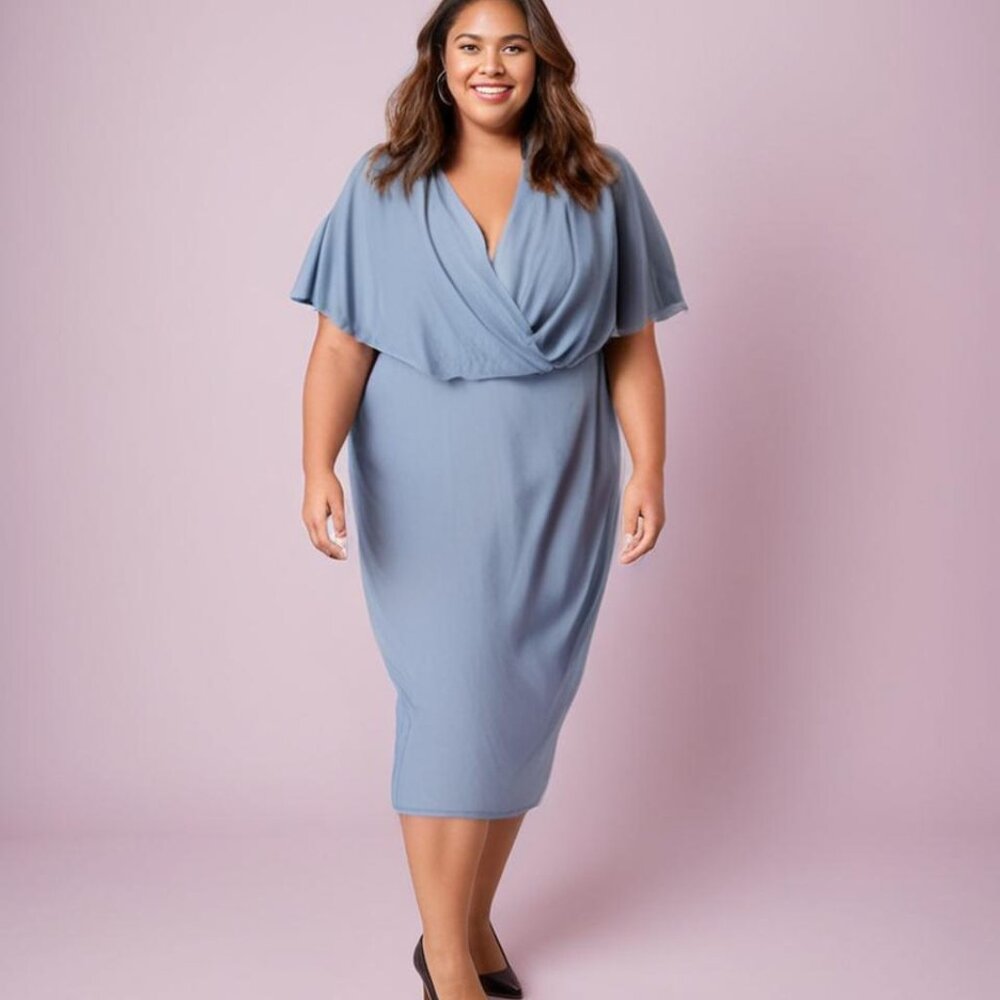 **Hanna Nikole** Cape Dress Chiffon Overlay Blue  24W NWT